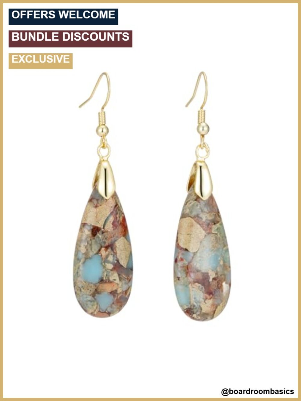 Boho Jasper Stone Teardrop Dangle Earrings Gold Plated